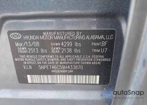 2009 Hyundai Sonata Gls из США, поврежденный, VIN 5NPET46C59H433870